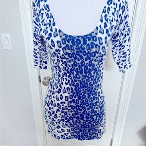 Caché Vintage Blue and White Leopard Print Top w/ Cut-Outs & Silver Buttons